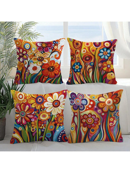 4pcs 17.7*17.7in(45*45cm)/19.69*19.69in(50*50cm)/15.75*15.75in(40*40cm) Vibrant Red Floral Print Pillow Covers [Single-Sided Printing] Polyester Home Decor Cushion Covers For Sofa, Bed, Car [Pillow In