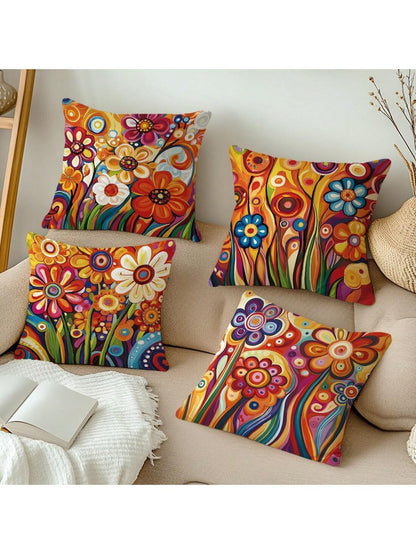 4pcs 17.7*17.7in(45*45cm)/19.69*19.69in(50*50cm)/15.75*15.75in(40*40cm) Vibrant Red Floral Print Pillow Covers [Single-Sided Printing] Polyester Home Decor Cushion Covers For Sofa, Bed, Car [Pillow In