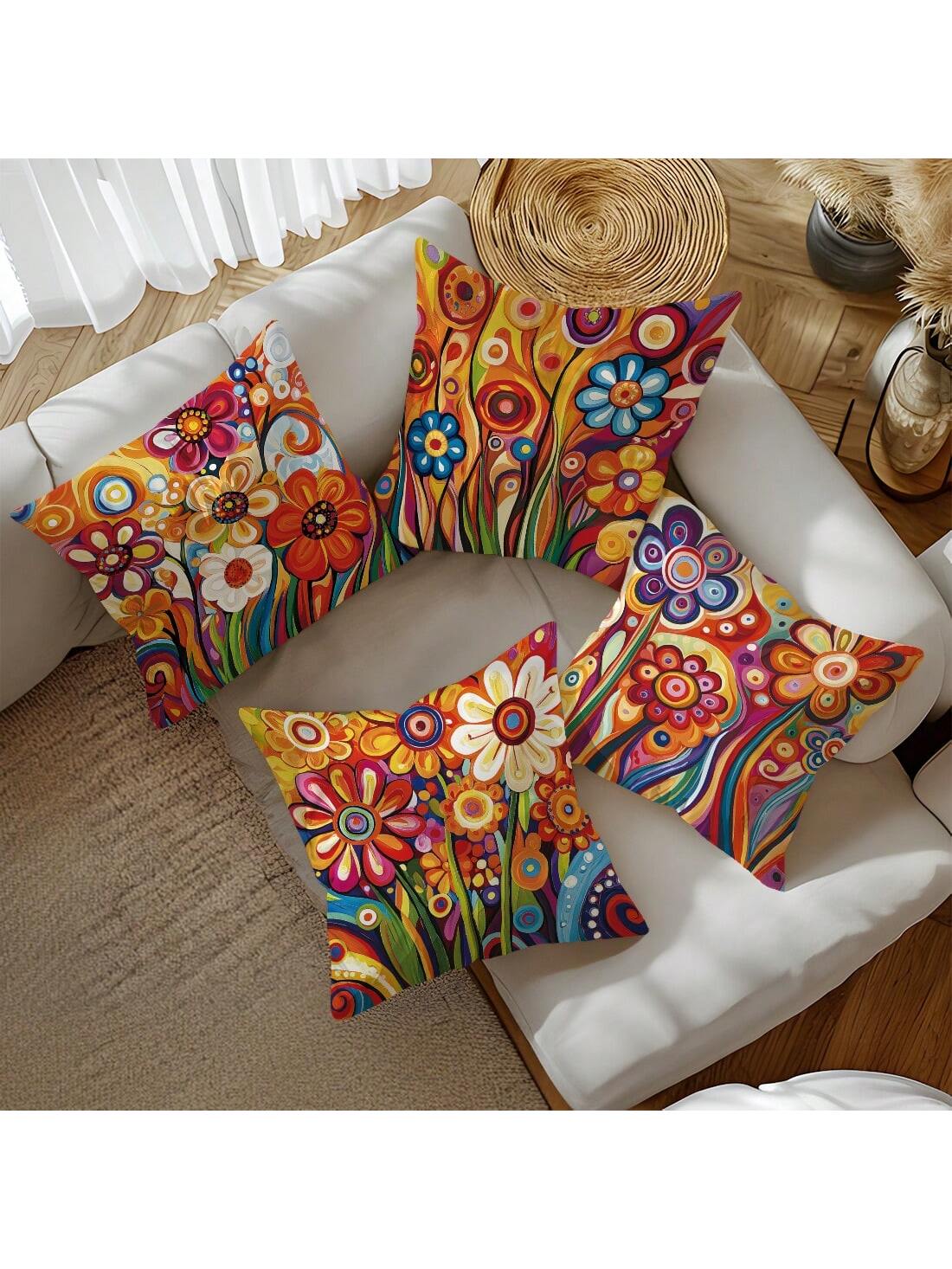 4pcs 17.7*17.7in(45*45cm)/19.69*19.69in(50*50cm)/15.75*15.75in(40*40cm) Vibrant Red Floral Print Pillow Covers [Single-Sided Printing] Polyester Home Decor Cushion Covers For Sofa, Bed, Car [Pillow In