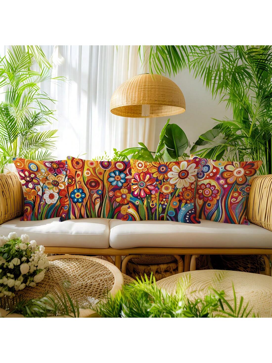 4pcs 17.7*17.7in(45*45cm)/19.69*19.69in(50*50cm)/15.75*15.75in(40*40cm) Vibrant Red Floral Print Pillow Covers [Single-Sided Printing] Polyester Home Decor Cushion Covers For Sofa, Bed, Car [Pillow In