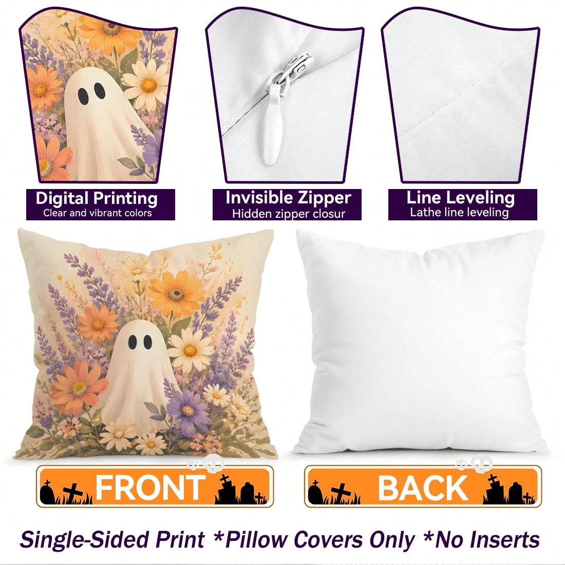4pcs/1pc Floral Ghost Vintage Pattern Pillow Case Without Insert, Single-Sided Printed Pillow Case, Suitable For Living Room Bedroom Home Decor, All Season Pillow Case
