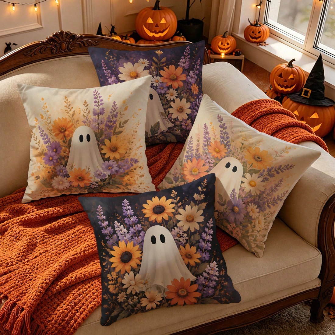 4pcs/1pc Floral Ghost Vintage Pattern Pillow Case Without Insert, Single-Sided Printed Pillow Case, Suitable For Living Room Bedroom Home Decor, All Season Pillow Case