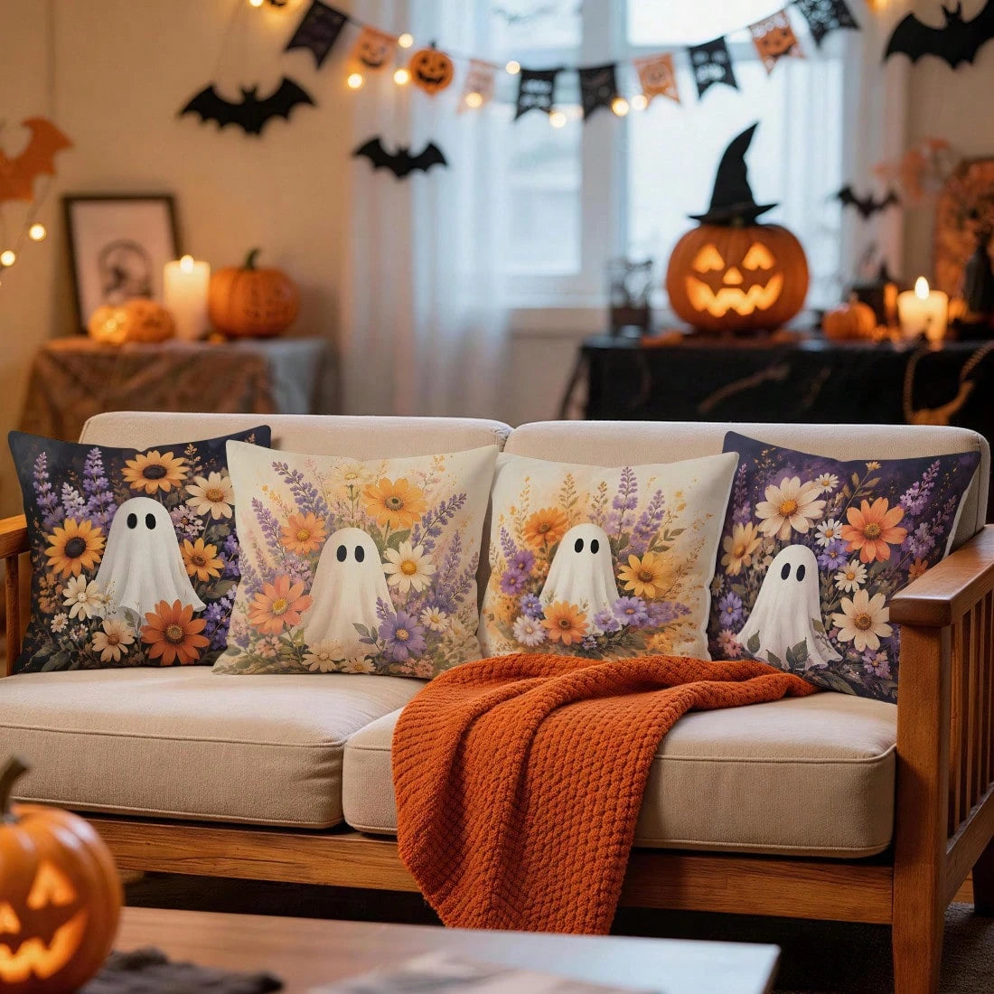 4pcs/1pc Floral Ghost Vintage Pattern Pillow Case Without Insert, Single-Sided Printed Pillow Case, Suitable For Living Room Bedroom Home Decor, All Season Pillow Case