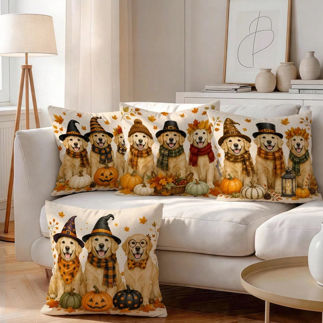 4pcs/1pc Halloween Golden Retriever Puppy Pattern Pillow Case, Single-Sided Printed Pillow Case, Suitable For Living Room Bedroom Home Decor, All Season Pillow Case