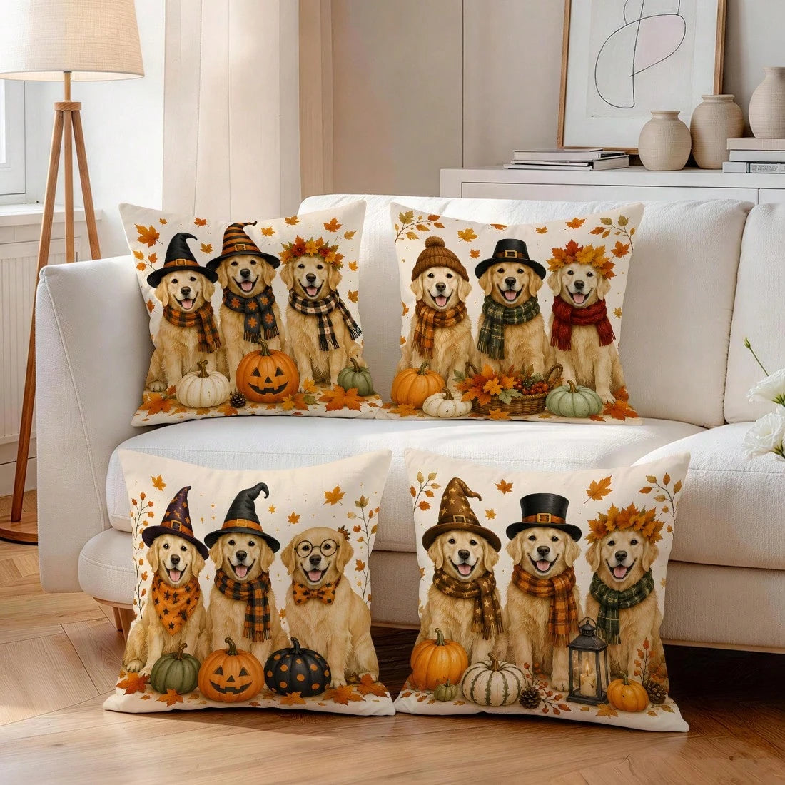 4pcs/1pc Halloween Golden Retriever Puppy Pattern Pillow Case, Single-Sided Printed Pillow Case, Suitable For Living Room Bedroom Home Decor, All Season Pillow Case