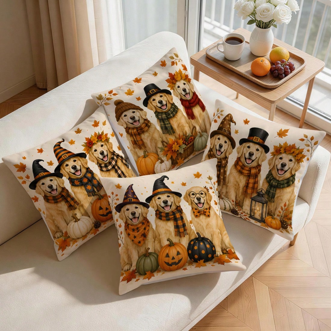 4pcs/1pc Halloween Golden Retriever Puppy Pattern Pillow Case, Single-Sided Printed Pillow Case, Suitable For Living Room Bedroom Home Decor, All Season Pillow Case