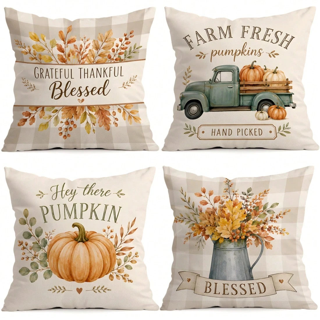 4pcs/1pc Plaid Vintage Farm Pumpkin Truck Pattern Pillow Covers, Single-Sided Printed Pillow Covers, Suitable For Living Room Bedroom Home Decor, All-Season Pillow Covers