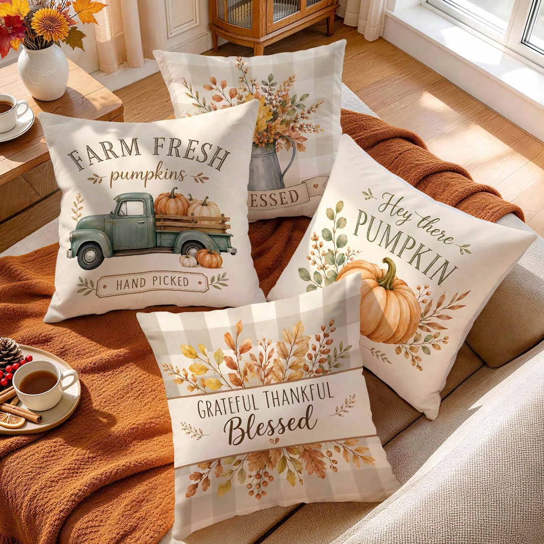 4pcs/1pc Plaid Vintage Farm Pumpkin Truck Pattern Pillow Covers, Single-Sided Printed Pillow Covers, Suitable For Living Room Bedroom Home Decor, All-Season Pillow Covers