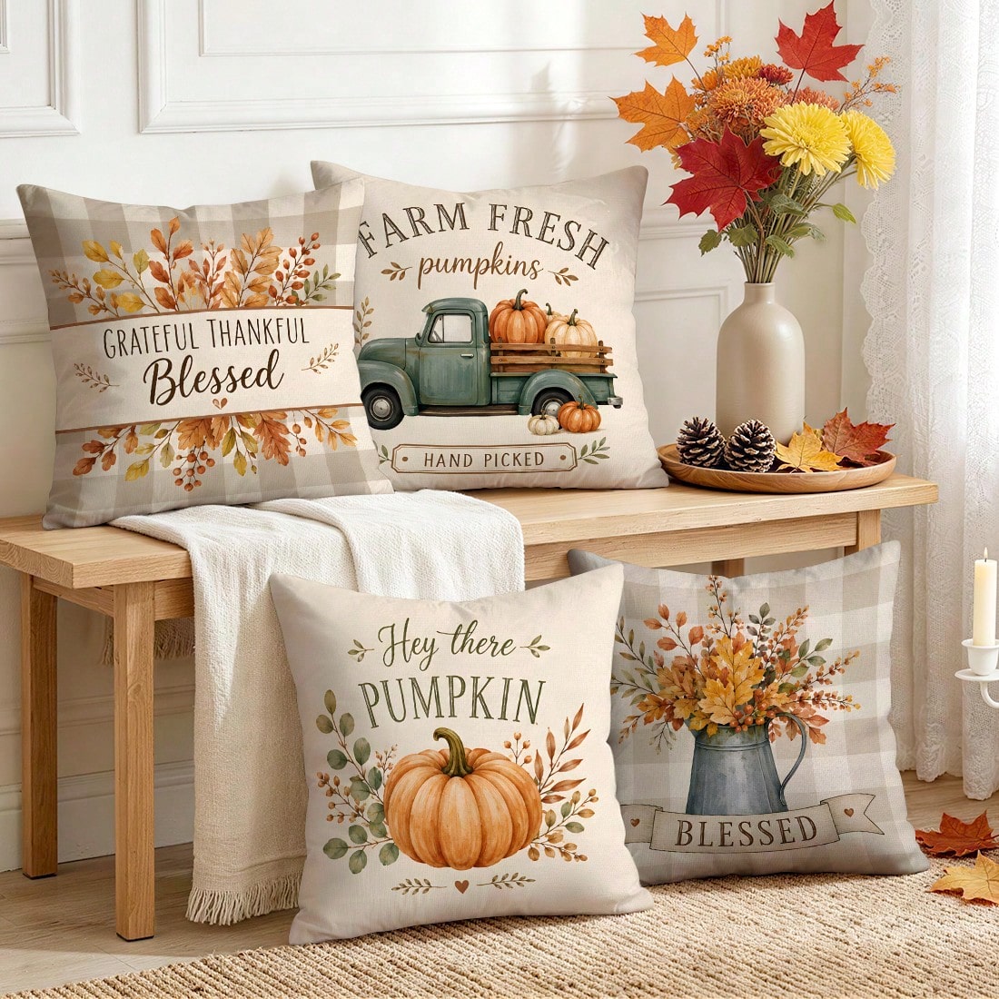 4pcs/1pc Plaid Vintage Farm Pumpkin Truck Pattern Pillow Covers, Single-Sided Printed Pillow Covers, Suitable For Living Room Bedroom Home Decor, All-Season Pillow Covers