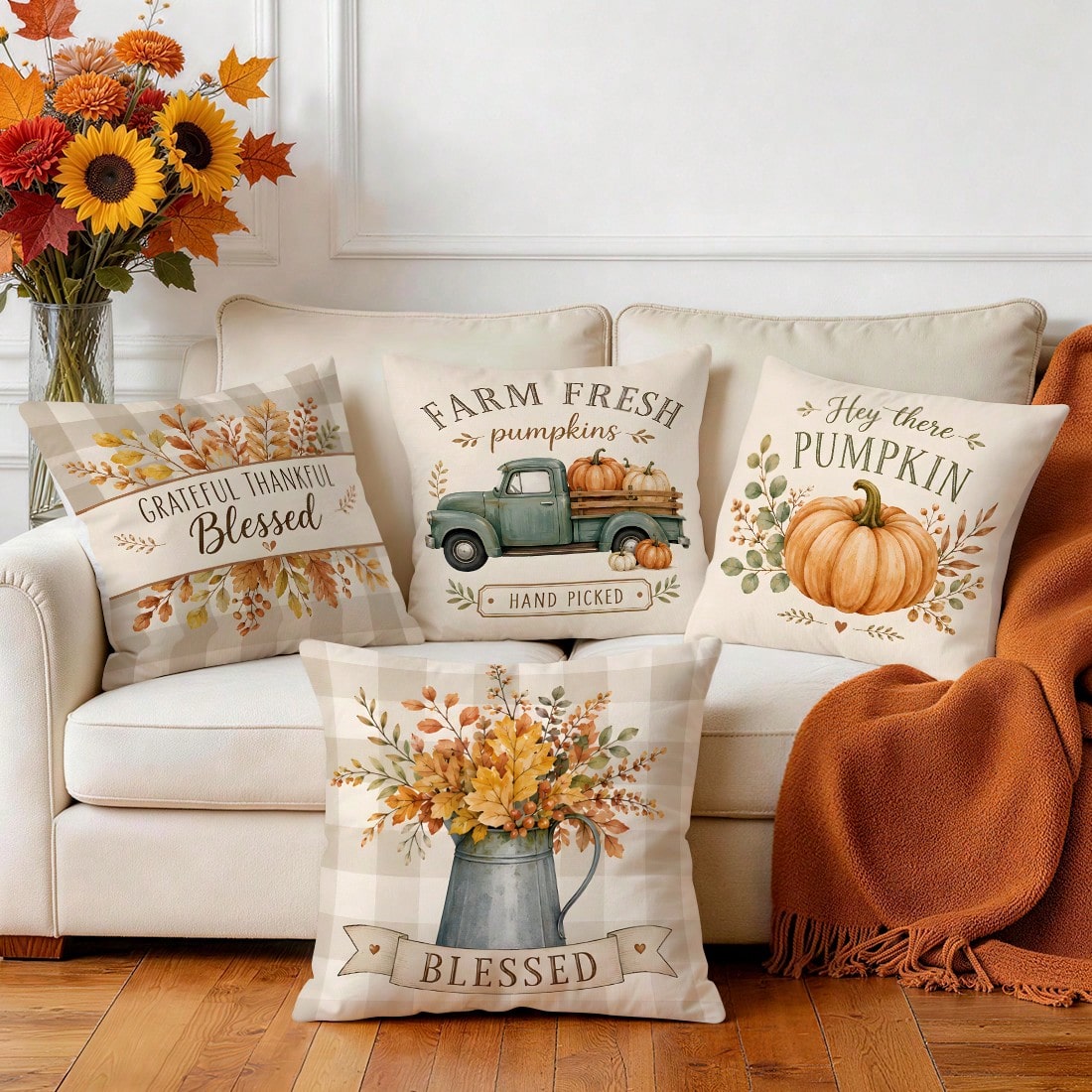 4pcs/1pc Plaid Vintage Farm Pumpkin Truck Pattern Pillow Covers, Single-Sided Printed Pillow Covers, Suitable For Living Room Bedroom Home Decor, All-Season Pillow Covers