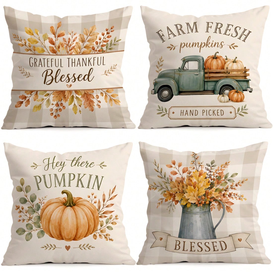 4pcs/1pc Plaid Vintage Farm Pumpkin Truck Pattern Pillow Covers, Single-Sided Printed Pillow Covers, Suitable For Living Room Bedroom Home Decor, All-Season Pillow Covers