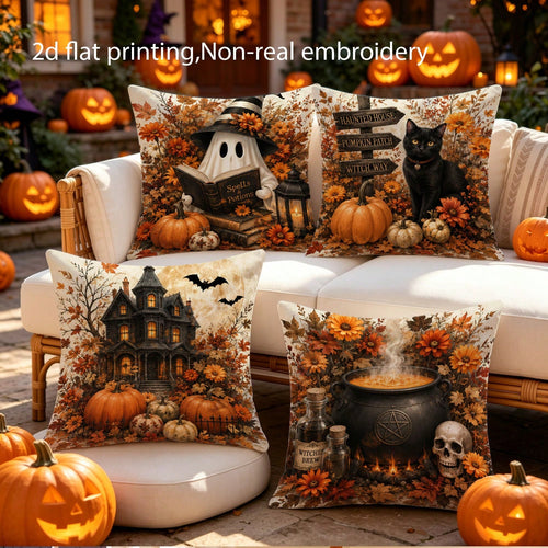 4pcs 2D Flat Print Halloween Country Rustic Throw Pillow Covers, Non-Real Embroidery Pumpkin & Haunted House Cushion Covers, Autumn Home Decorative Pillowcases, For Bedroom, Living Room, Sofa, Office