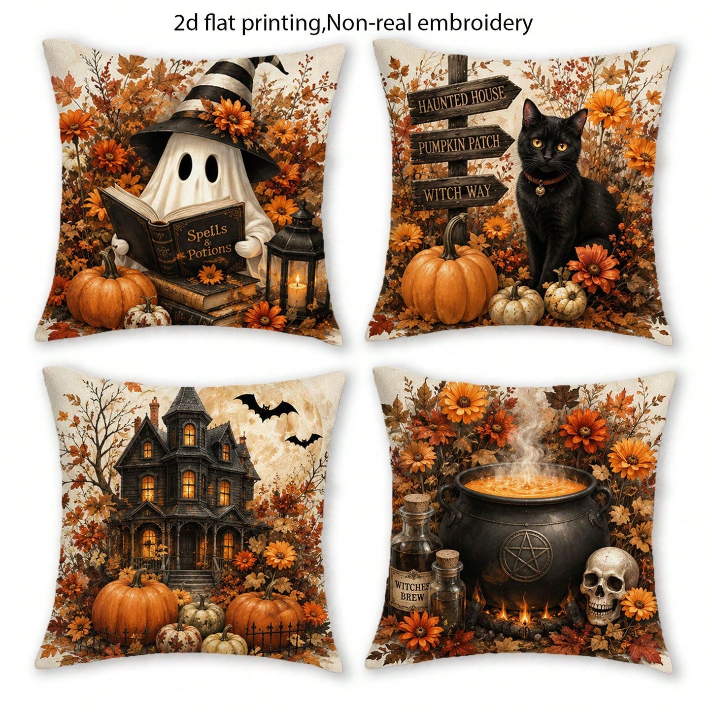 4pcs 2D Flat Print Halloween Country Rustic Throw Pillow Covers, Non-Real Embroidery Pumpkin & Haunted House Cushion Covers, Autumn Home Decorative Pillowcases, For Bedroom, Living Room, Sofa, Office