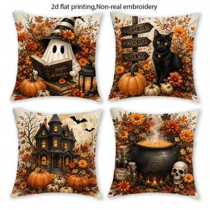 4pcs 2D Flat Print Halloween Country Rustic Throw Pillow Covers, Non-Real Embroidery Pumpkin & Haunted House Cushion Covers, Autumn Home Decorative Pillowcases, For Bedroom, Living Room, Sofa, Office