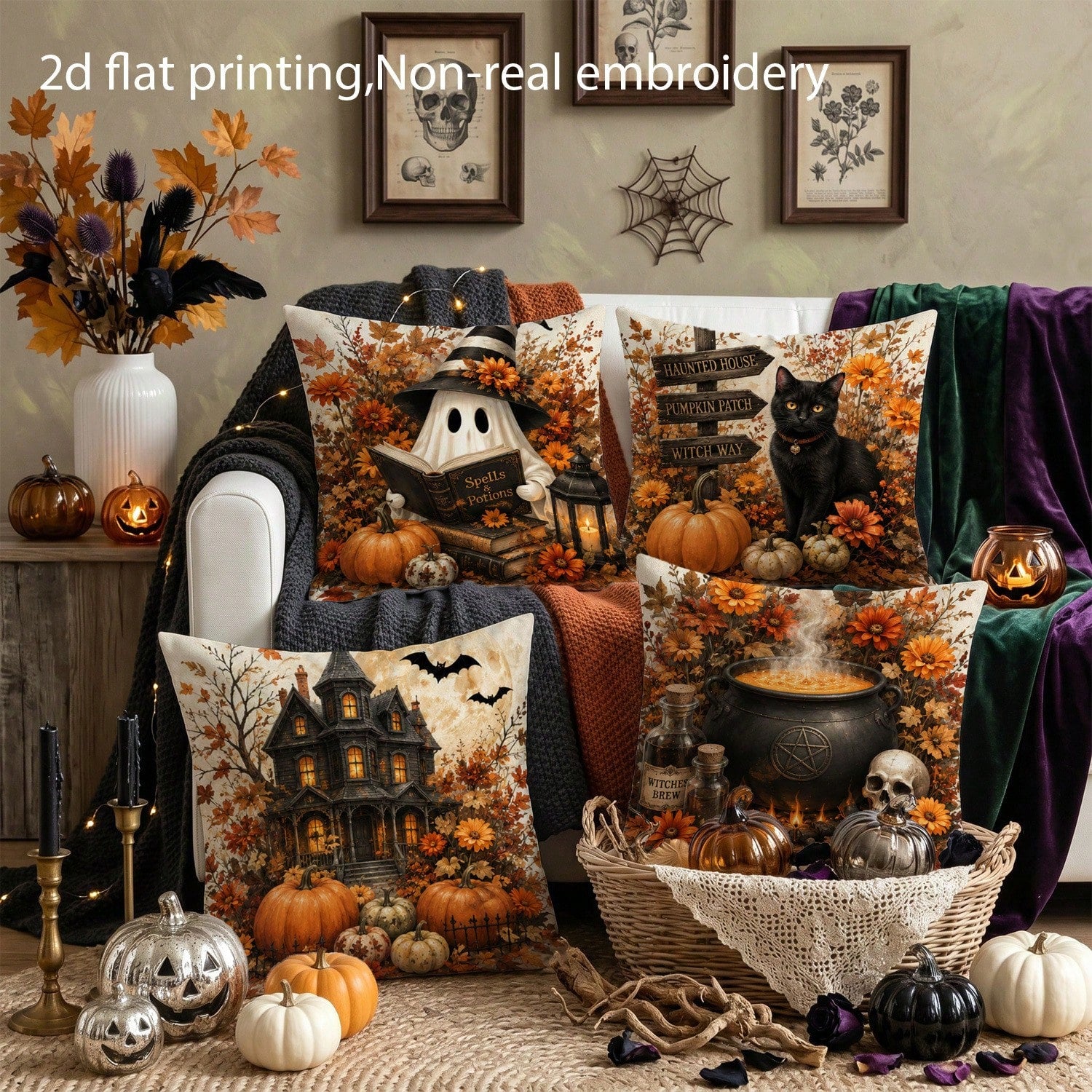 4pcs 2D Flat Print Halloween Country Rustic Throw Pillow Covers, Non-Real Embroidery Pumpkin & Haunted House Cushion Covers, Autumn Home Decorative Pillowcases, For Bedroom, Living Room, Sofa, Office
