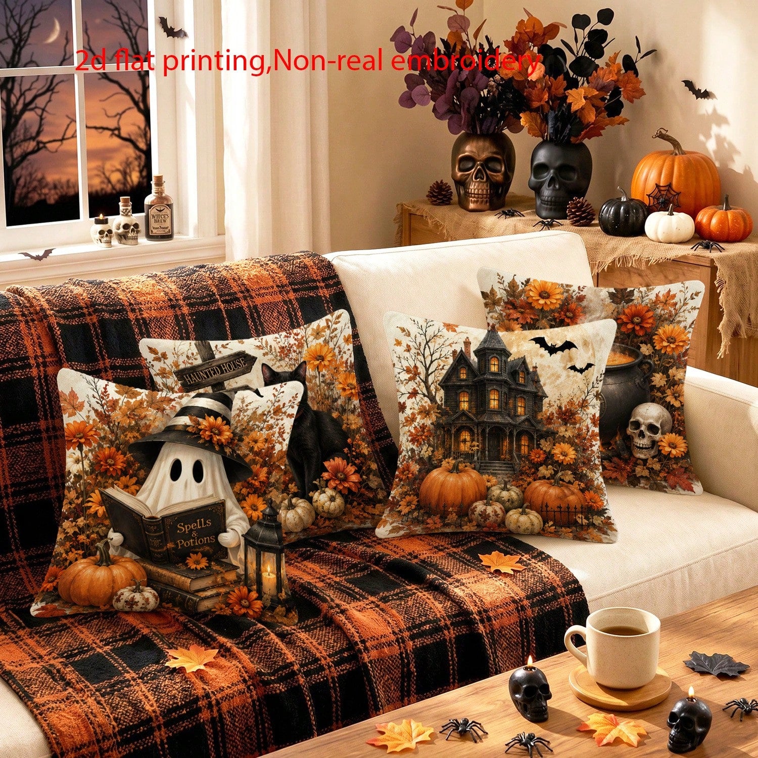 4pcs 2D Flat Print Halloween Country Rustic Throw Pillow Covers, Non-Real Embroidery Pumpkin & Haunted House Cushion Covers, Autumn Home Decorative Pillowcases, For Bedroom, Living Room, Sofa, Office