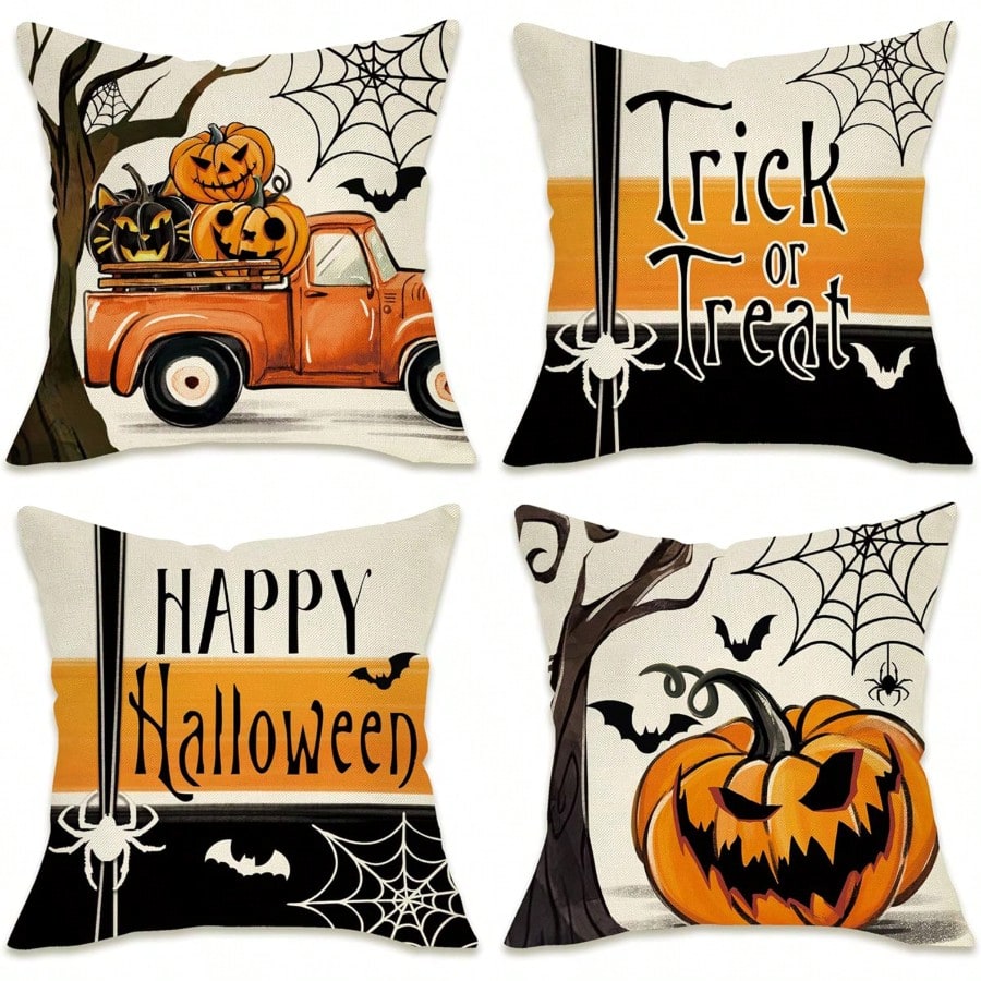 4pcs 2D Flat Print Halloween Country Rustic Throw Pillow Covers, Non-Real Embroidery Pumpkin & Haunted House Cushion Covers, Autumn Home Decorative Pillowcases, For Bedroom, Living Room, Sofa, Office