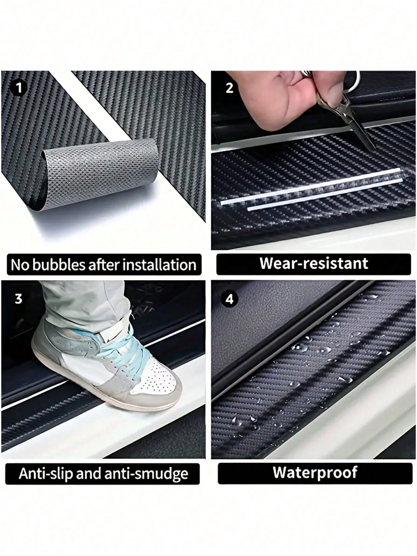 4pcs 3D Carbon Fiber Car Door Sill Anti-Scratch Stickers, Suitable For, Audi, Peugeot, Kia, And Other Car Models.