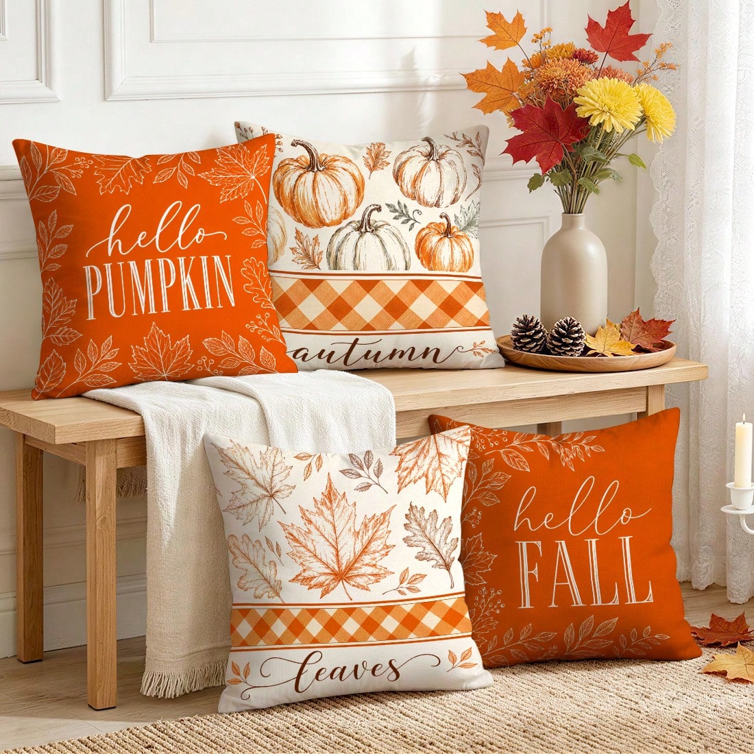 4pcs Autumn Decorative Pattern Single-Sided Printed Pillow Covers/Cushion Covers, Multi-Scene Atmosphere Decor Pillow Covers Suitable For Living Room, Sofa, Bedroom, Pillow Inserts Not Included