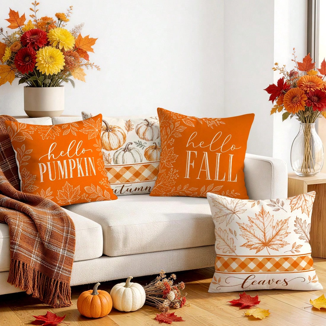 4pcs Autumn Decorative Pattern Single-Sided Printed Pillow Covers/Cushion Covers, Multi-Scene Atmosphere Decor Pillow Covers Suitable For Living Room, Sofa, Bedroom, Pillow Inserts Not Included