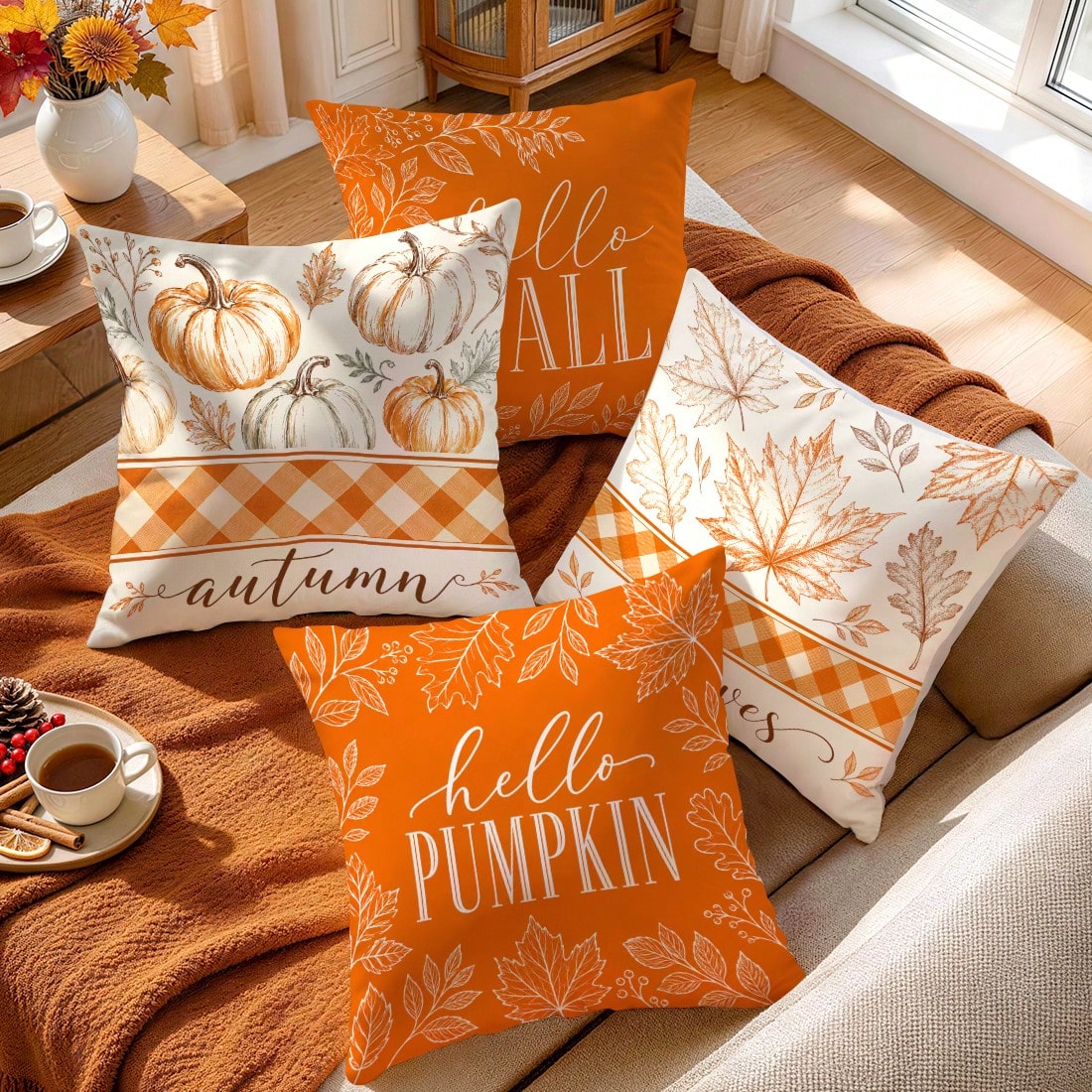 4pcs Autumn Decorative Pattern Single-Sided Printed Pillow Covers/Cushion Covers, Multi-Scene Atmosphere Decor Pillow Covers Suitable For Living Room, Sofa, Bedroom, Pillow Inserts Not Included