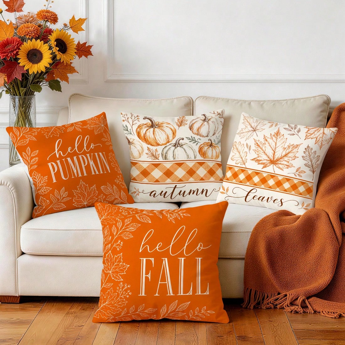 4pcs Autumn Decorative Pattern Single-Sided Printed Pillow Covers/Cushion Covers, Multi-Scene Atmosphere Decor Pillow Covers Suitable For Living Room, Sofa, Bedroom, Pillow Inserts Not Included