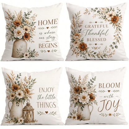 4pcs Autumn Floral Pillow Covers, Vase Floral Inspirational Text Print Pattern, Polyester Material Without Insert, Single-Sided Print Pillow Covers, Suitable For Living Room Bedroom Home Decor, All Se