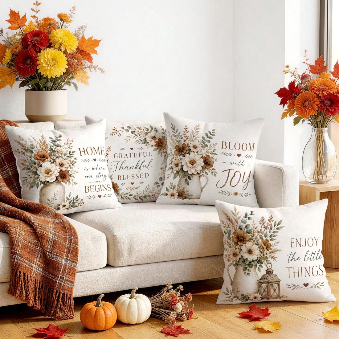 4pcs Autumn Floral Pillow Covers, Vase Floral Inspirational Text Print Pattern, Polyester Material Without Insert, Single-Sided Print Pillow Covers, Suitable For Living Room Bedroom Home Decor, All Se
