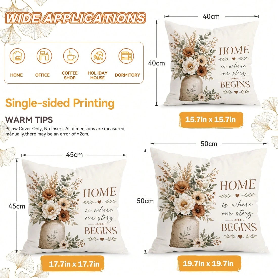 4pcs Autumn Floral Pillow Covers, Vase Floral Inspirational Text Print Pattern, Polyester Material Without Insert, Single-Sided Print Pillow Covers, Suitable For Living Room Bedroom Home Decor, All Se