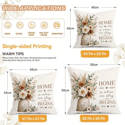4pcs Autumn Floral Pillow Covers, Vase Floral Inspirational Text Print Pattern, Polyester Material Without Insert, Single-Sided Print Pillow Covers, Suitable For Living Room Bedroom Home Decor, All Se