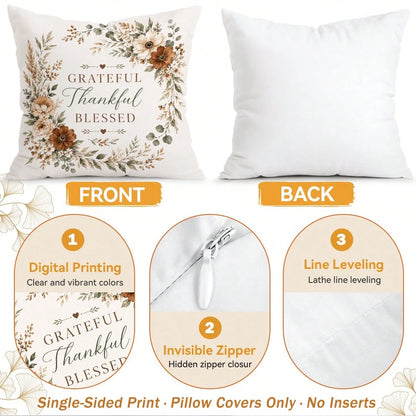 4pcs Autumn Floral Pillow Covers, Vase Floral Inspirational Text Print Pattern, Polyester Material Without Insert, Single-Sided Print Pillow Covers, Suitable For Living Room Bedroom Home Decor, All Se