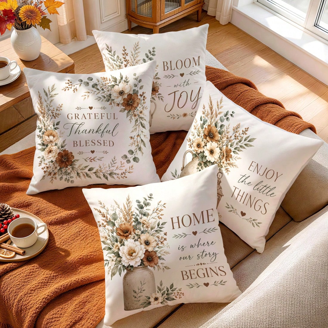 4pcs Autumn Floral Pillow Covers, Vase Floral Inspirational Text Print Pattern, Polyester Material Without Insert, Single-Sided Print Pillow Covers, Suitable For Living Room Bedroom Home Decor, All Se