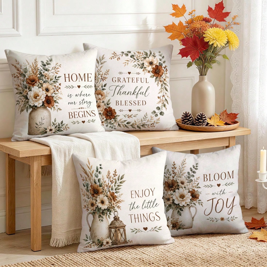 4pcs Autumn Floral Pillow Covers, Vase Floral Inspirational Text Print Pattern, Polyester Material Without Insert, Single-Sided Print Pillow Covers, Suitable For Living Room Bedroom Home Decor, All Se