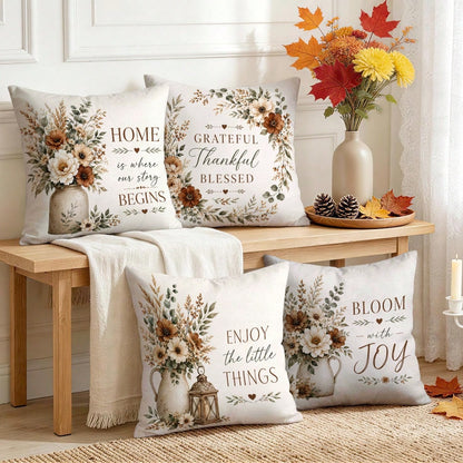 4pcs Autumn Floral Pillow Covers, Vase Floral Inspirational Text Print Pattern, Polyester Material Without Insert, Single-Sided Print Pillow Covers, Suitable For Living Room Bedroom Home Decor, All Se