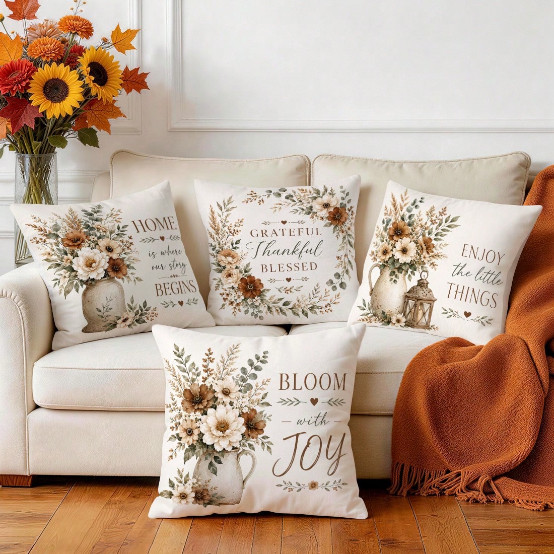 4pcs Autumn Floral Pillow Covers, Vase Floral Inspirational Text Print Pattern, Polyester Material Without Insert, Single-Sided Print Pillow Covers, Suitable For Living Room Bedroom Home Decor, All Se