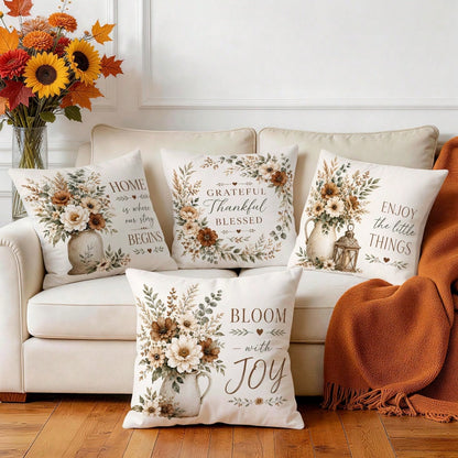4pcs Autumn Floral Pillow Covers, Vase Floral Inspirational Text Print Pattern, Polyester Material Without Insert, Single-Sided Print Pillow Covers, Suitable For Living Room Bedroom Home Decor, All Se