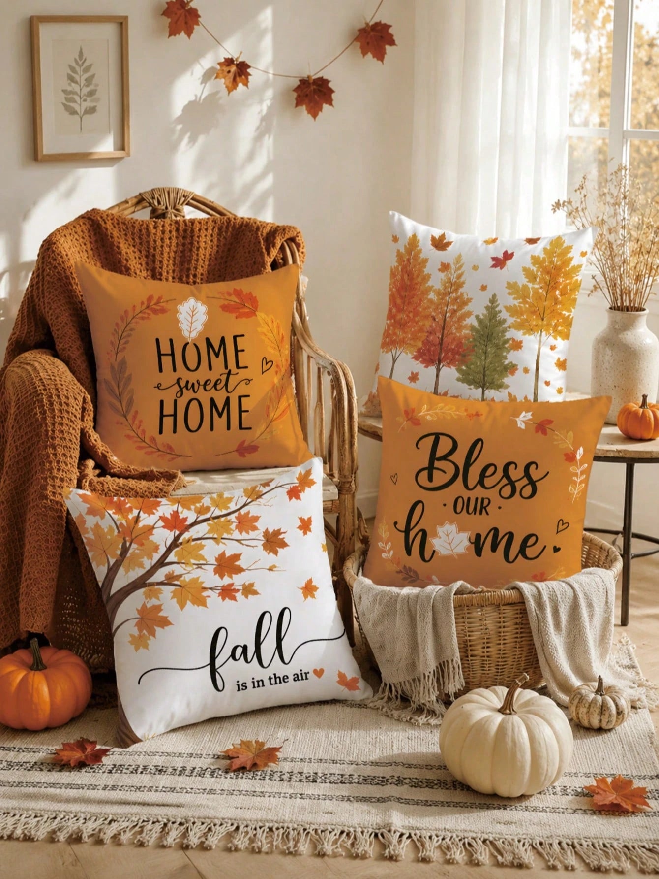 4pcs Autumn Maple Leaf Print Pillow Covers [No Pillow Insert] 40*40cm/45*45cm/50*50cm [Single-Sided Print] Made Of Polyester Material Home Sweet Home American Autumn Fallen Leaves Tree Warm Orange Map