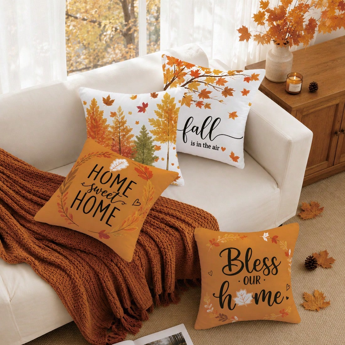 4pcs Autumn Maple Leaf Print Pillow Covers [No Pillow Insert] 40*40cm/45*45cm/50*50cm [Single-Sided Print] Made Of Polyester Material Home Sweet Home American Autumn Fallen Leaves Tree Warm Orange Map