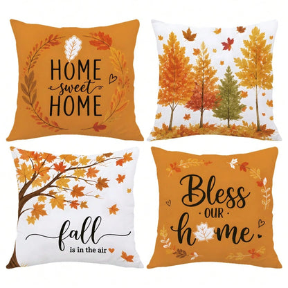 4pcs Autumn Maple Leaf Print Pillow Covers [No Pillow Insert] 40*40cm/45*45cm/50*50cm [Single-Sided Print] Made Of Polyester Material Home Sweet Home American Autumn Fallen Leaves Tree Warm Orange Map