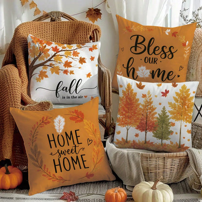 4pcs Autumn Maple Leaf Print Pillow Covers [No Pillow Insert] 40*40cm/45*45cm/50*50cm [Single-Sided Print] Made Of Polyester Material Home Sweet Home American Autumn Fallen Leaves Tree Warm Orange Map