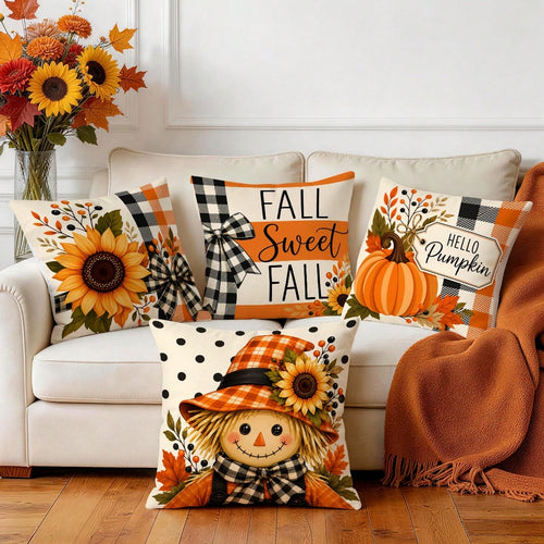 4pcs Autumn Plaid Pumpkin Theme Pattern Single-Sided Printed Pillowcases/Cushion Covers, Multi-Scene Atmosphere Decor Pillowcases Suitable For Living Room Sofa Bedroom, Pillow Inserts Not Included