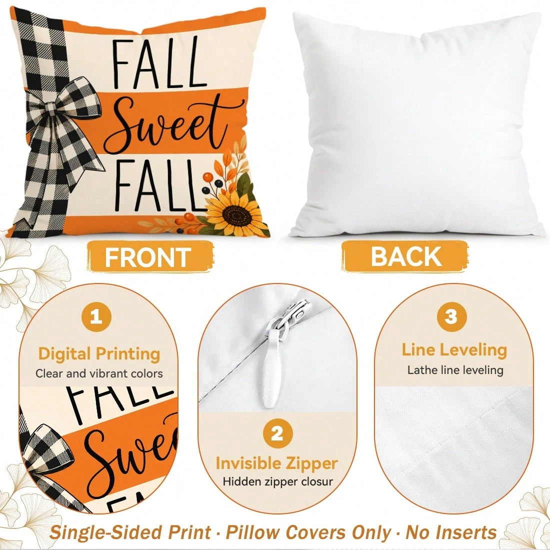 4pcs Autumn Plaid Pumpkin Theme Pattern Single-Sided Printed Pillowcases/Cushion Covers, Multi-Scene Atmosphere Decor Pillowcases Suitable For Living Room Sofa Bedroom, Pillow Inserts Not Included