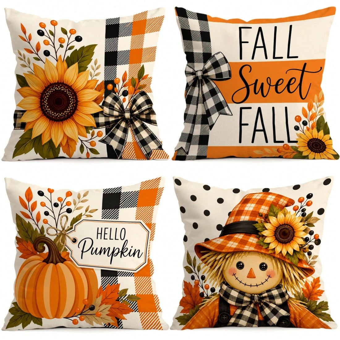 4pcs Autumn Plaid Pumpkin Theme Pattern Single-Sided Printed Pillowcases/Cushion Covers, Multi-Scene Atmosphere Decor Pillowcases Suitable For Living Room Sofa Bedroom, Pillow Inserts Not Included