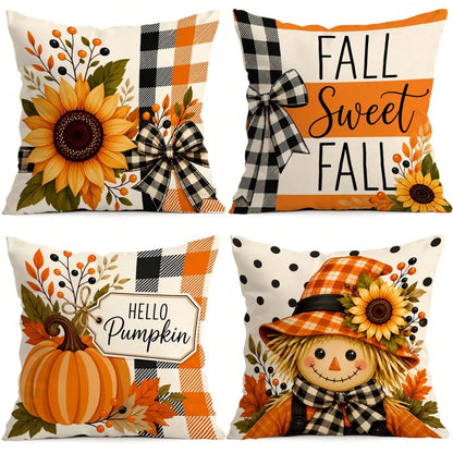 4pcs Autumn Plaid Pumpkin Theme Pattern Single-Sided Printed Pillowcases/Cushion Covers, Multi-Scene Atmosphere Decor Pillowcases Suitable For Living Room Sofa Bedroom, Pillow Inserts Not Included
