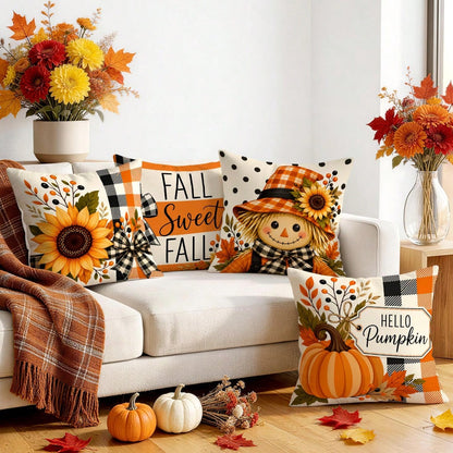 4pcs Autumn Plaid Pumpkin Theme Pattern Single-Sided Printed Pillowcases/Cushion Covers, Multi-Scene Atmosphere Decor Pillowcases Suitable For Living Room Sofa Bedroom, Pillow Inserts Not Included