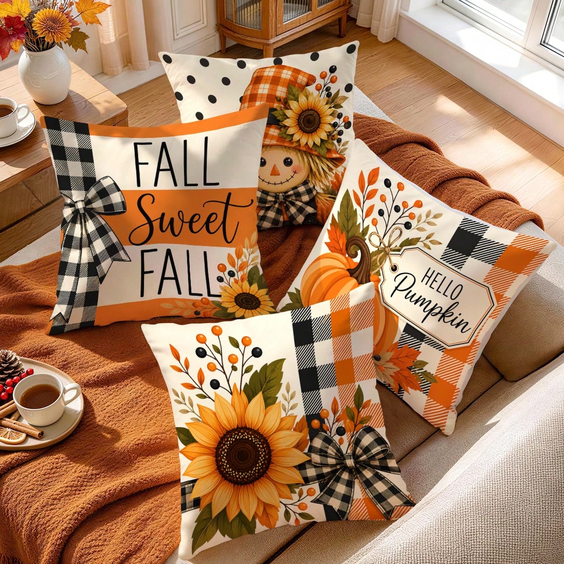 4pcs Autumn Plaid Pumpkin Theme Pattern Single-Sided Printed Pillowcases/Cushion Covers, Multi-Scene Atmosphere Decor Pillowcases Suitable For Living Room Sofa Bedroom, Pillow Inserts Not Included
