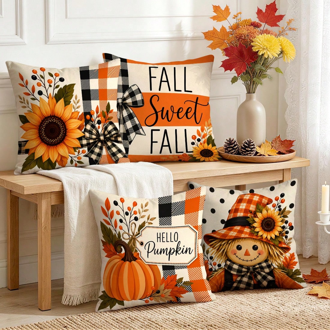 4pcs Autumn Plaid Pumpkin Theme Pattern Single-Sided Printed Pillowcases/Cushion Covers, Multi-Scene Atmosphere Decor Pillowcases Suitable For Living Room Sofa Bedroom, Pillow Inserts Not Included