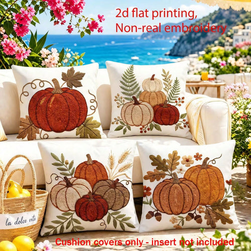 4pcs Autumn Pumpkin & Maple Leaf Pillow Covers, Thanksgiving American Country Style Autumn Pumpkin & Foliage Print Pattern, Single-Sided 2D Flat Print, Not 3D Realistic Embroidery, 45x45cm (18x18in)