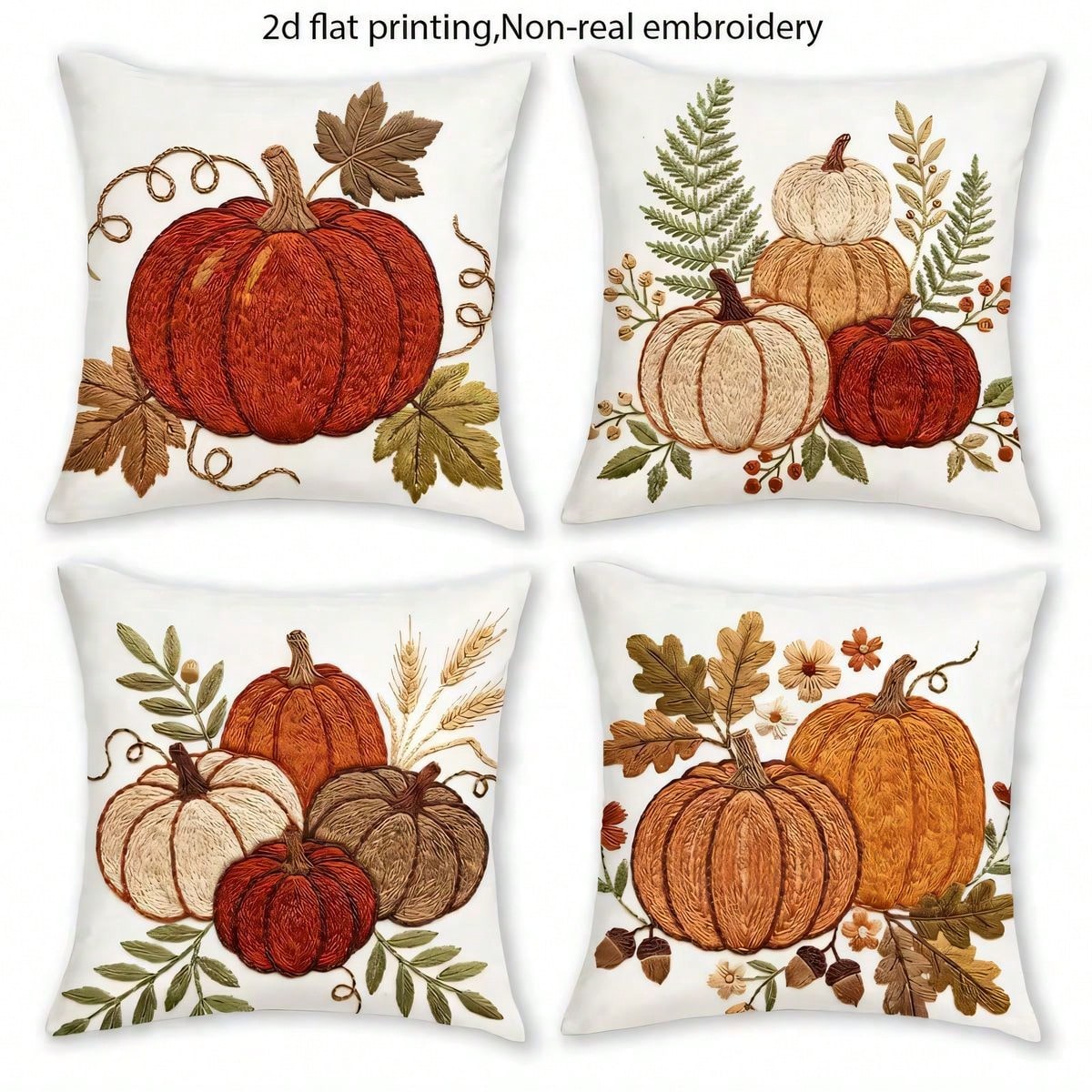 4pcs Autumn Pumpkin & Maple Leaf Pillow Covers, Thanksgiving American Country Style Autumn Pumpkin & Foliage Print Pattern, Single-Sided 2D Flat Print, Not 3D Realistic Embroidery, 45x45cm (18x18in)