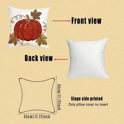 4pcs Autumn Pumpkin & Maple Leaf Pillow Covers, Thanksgiving American Country Style Autumn Pumpkin & Foliage Print Pattern, Single-Sided 2D Flat Print, Not 3D Realistic Embroidery, 45x45cm (18x18in)